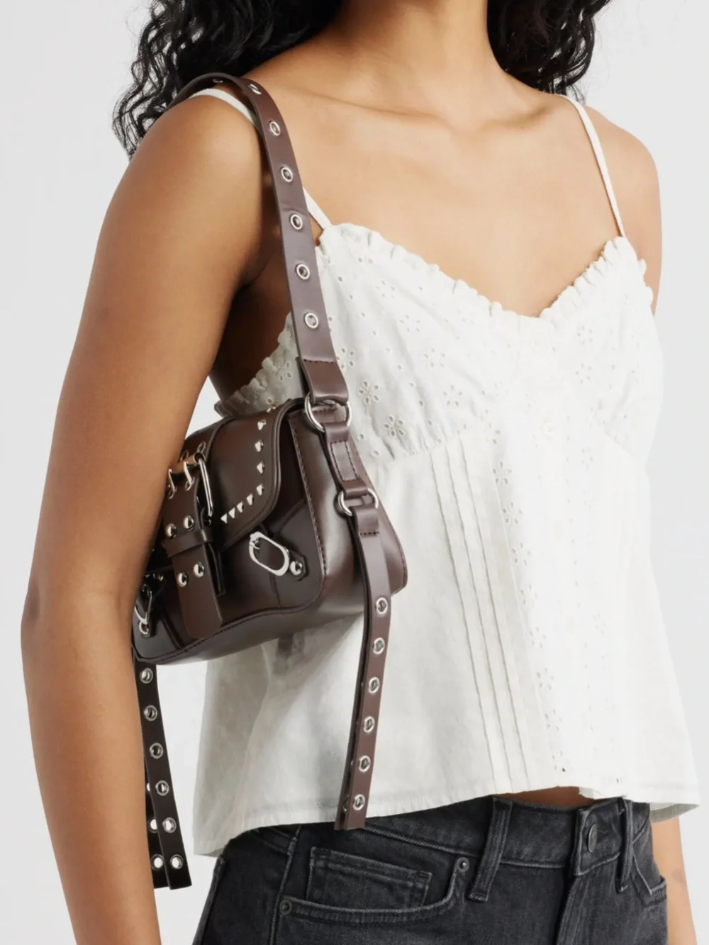 🆕 Brown Buckle Stud Shoulder Hand Bag Purse Silver Rivets Vegan Faux Leather NWT